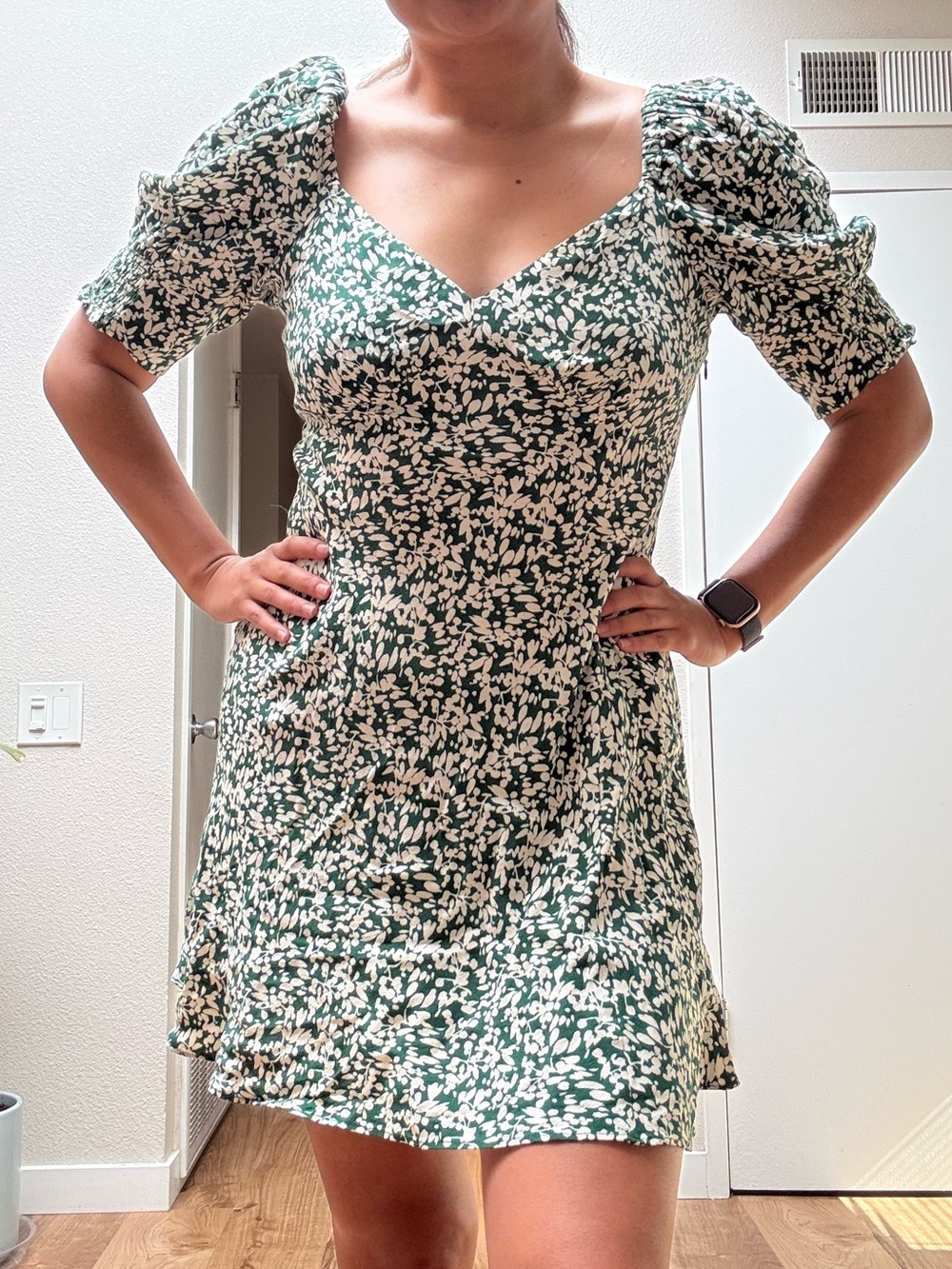 Madewell Green Floral Puff-Sleeve Mini Dress